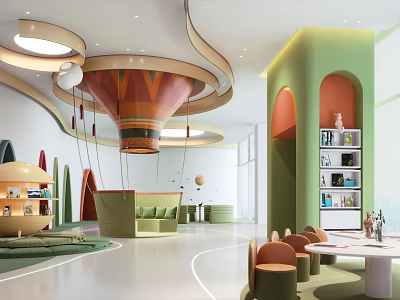Modern Leisure Area Interior Design With Circular Ceiling Decor Green Sofa And Orange Chairs 3d model