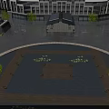 Garden Ornaments In Circular Plaza With Wooden Platform Stone Pavement Small Trees And Lighting