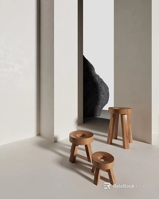 Natural Wooden Stools with Minimalist Design in Interior Space and Stone Background 3d model 