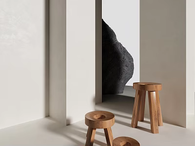 Natural Wooden Stools with Minimalist Design in Interior Space and Stone Background 3d model
