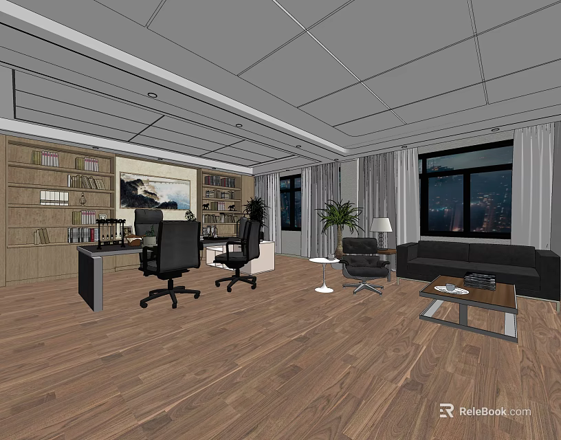 Modern Office Interior Design With Wooden Flooring Bookshelves Sofa And Office Chairs 3d model 