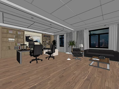 Modern Office Interior Design With Wooden Flooring Bookshelves Sofa And Office Chairs 3d model