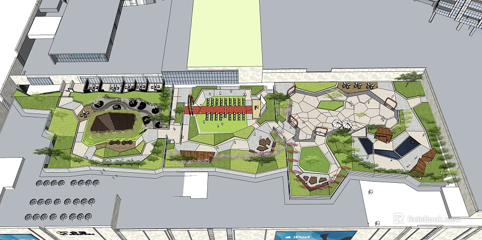 Rooftop Garden Layout Featuring Functional Zones Lawn Seating Walkways And Greenery 3d model