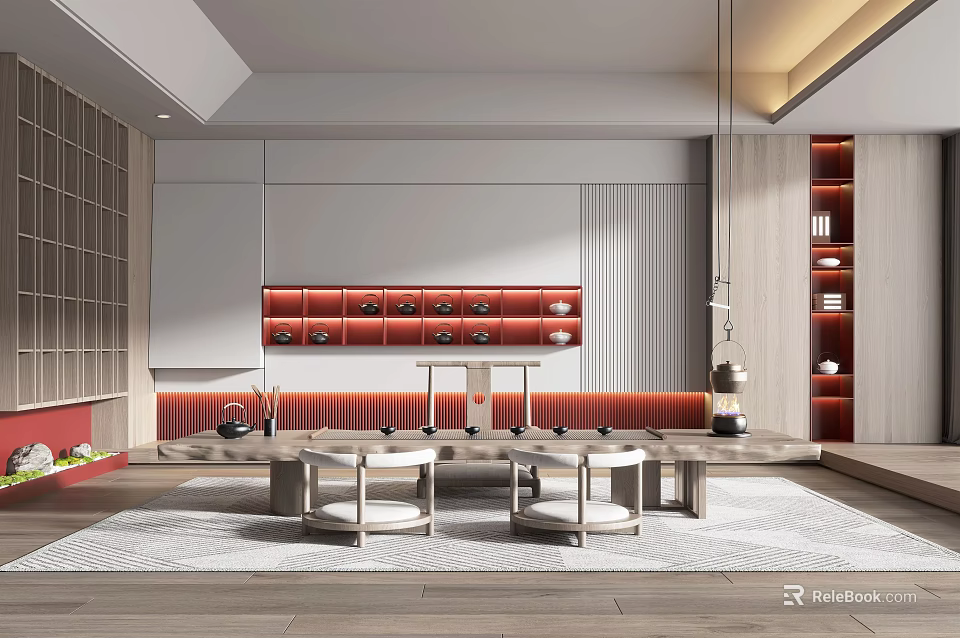 Modern Tea Room Interior With Wooden Tea Table And Wall Shelves For Relaxation 3d model 