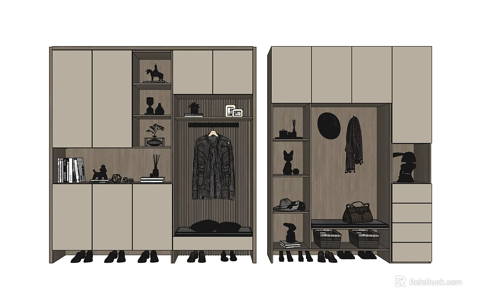 Functional Shoe Cabinet Design With Hanging Space Storage Drawers And Decorative Mirror 3d model