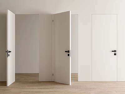 White Modern Swing Doors In Open And Closed Positions With Wooden Floor 3d model