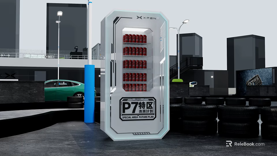 Outdoor XIAOPENG P7 Zone Charging Station with Green Car and Street Lamps 3d model 
