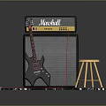 Marshall Electric Guitar Amplifier With Wooden Stool On Marble Surface