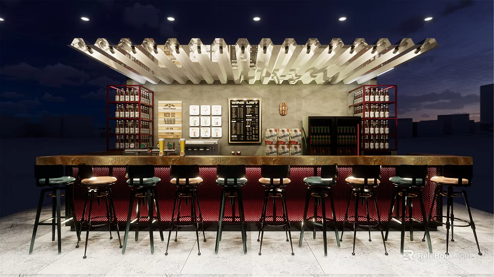 Stylish Bar Counter With Black High Stools Red Cushions White Wooden Decor And Wine Racks 3d model 