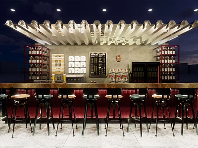 Stylish Bar Counter With Black High Stools Red Cushions White Wooden Decor And Wine Racks 3d model