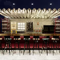 Stylish Bar Counter With Black High Stools Red Cushions White Wooden Decor And Wine Racks
