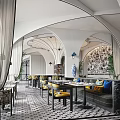 Elegant Luxury Restaurant Interior With Arch Design Decorative Ceiling And Bar Counter With Green Plants