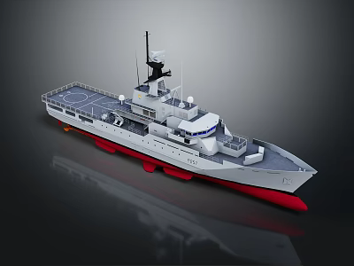 Military Patrol Ship With White Hull Red Bottom Deck Antenna And Cabin Structure 3d model