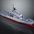 Military Patrol Ship With White Hull Red Bottom Deck Antenna And Cabin Structure