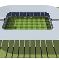 Modern Stadium with Green Grass Field Blue Seats and White Lines