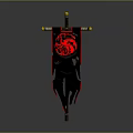 Medieval Banner With Red Dragon Design On Black Background And Sword Pole