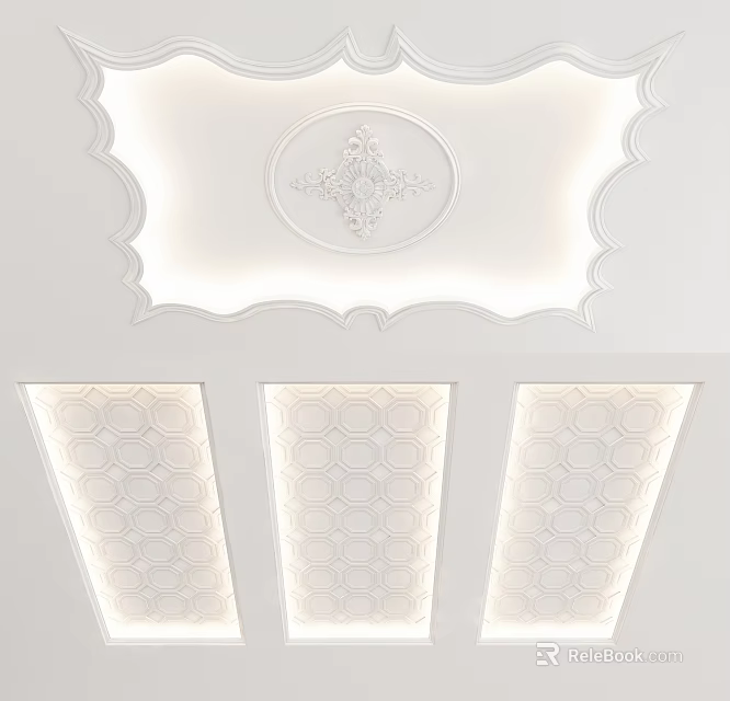 Elegant Ceiling Design with Circular Decorative Element Scalloped Border and Hexagonal Pattern Panels 3d model 