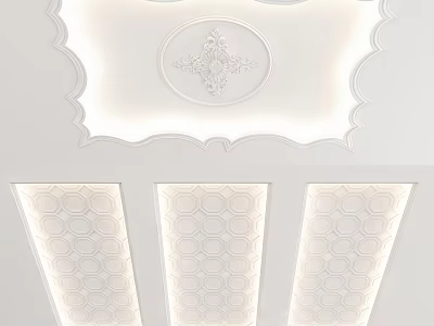 Elegant Ceiling Design with Circular Decorative Element Scalloped Border and Hexagonal Pattern Panels 3d model
