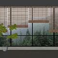Bamboo Blinds In Bright Modern Room With Green Trees View And Indoor Plant