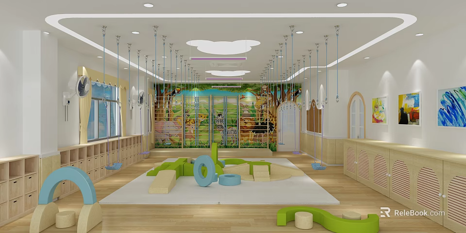 Kindergarten School Interior With Hanging Rings Colorful Soft Mats Animal Murals And Wooden Flooring 3d model 