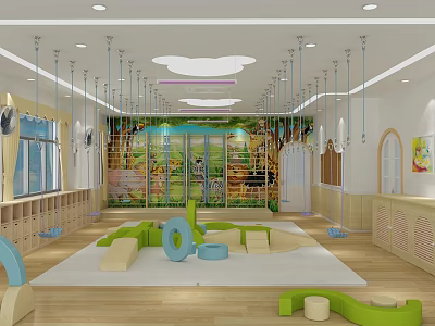 Kindergarten School Interior With Hanging Rings Colorful Soft Mats Animal Murals And Wooden Flooring 3d model