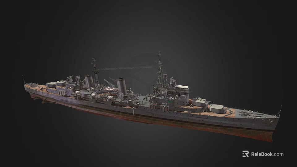 Detailed 3D Warship Model Showcasing Turrets Chimneys And Deck Structures On Dark Background 3d model 