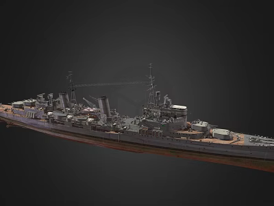 Detailed 3D Warship Model Showcasing Turrets Chimneys And Deck Structures On Dark Background 3d model