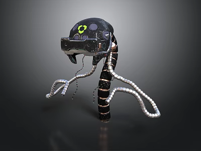 Mechanical Biopunk Creature With Black Green Helmet And Metallic Tentacle Structures 3d model