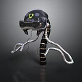 Mechanical Biopunk Creature With Black Green Helmet And Metallic Tentacle Structures