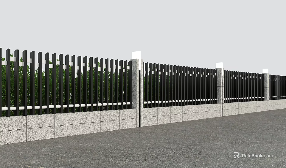 Black Slat Fence With White Posts Gray Stone Base And Green Foliage Background 3d model 