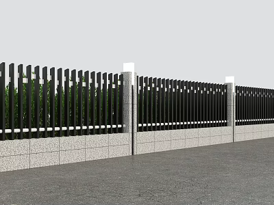 Black Slat Fence With White Posts Gray Stone Base And Green Foliage Background 3d model