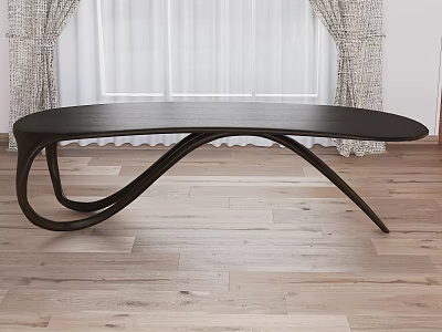 Black Wooden Desk With Unique Curved Legs By Window And Curtains On Wooden Floor 3d model