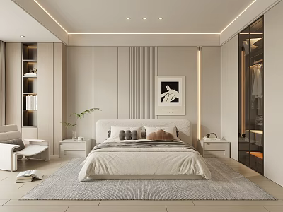 Modern Beige Bedroom Interior With Open Closet King Bed And Decorative Artwork 3d model