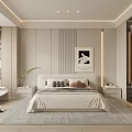 Modern Beige Bedroom Interior With Open Closet King Bed And Decorative Artwork