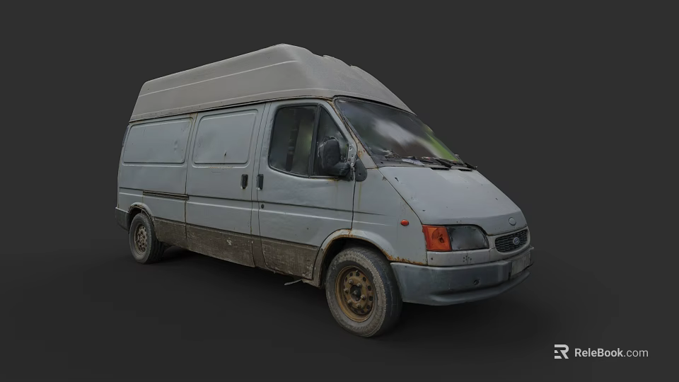 Old Gray Commercial Van With Worn Tires Side Windows And Weathered Exterior 3d model 