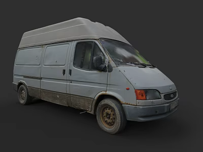 Old Gray Commercial Van With Worn Tires Side Windows And Weathered Exterior 3d model