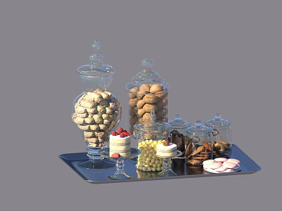 Assorted Cookies Candies and Cake in Glass Jars on a Serving Tray 3d model