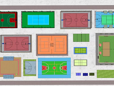 Various Basketball Court Layouts With Different Color Designs And Court Areas 3d model