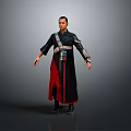 Traditional Inspired Costume Design With Black Robe Red Hem Cross Straps And Boots