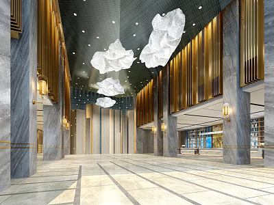 Modern Hotel Lobby Interior With Cloud Pendant Lights Marble Walls And Golden Accents 3d model