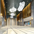 Modern Hotel Lobby Interior With Cloud Pendant Lights Marble Walls And Golden Accents