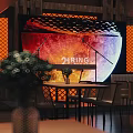 Modern Bar Interior Featuring Wooden Ceiling Cloud Pendant Lights Circular Screen And Warm Lighting