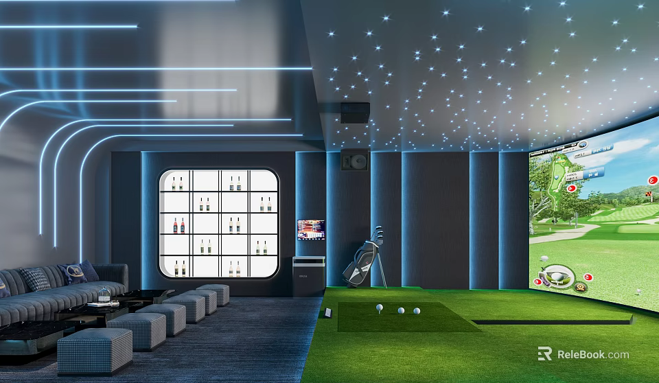 Home Theater Interior With Starry Ceiling Wine Cabinet Sofa And Golf Simulator 3d model 