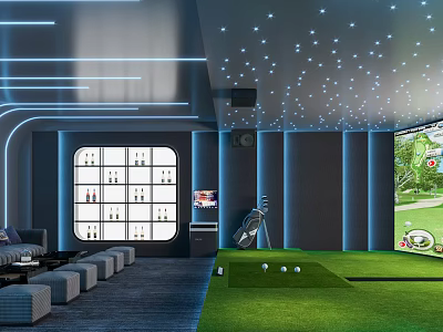 Home Theater Interior With Starry Ceiling Wine Cabinet Sofa And Golf Simulator 3d model