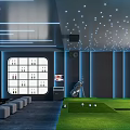 Home Theater Interior With Starry Ceiling Wine Cabinet Sofa And Golf Simulator