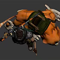 Game Character In Armor With Rifle Backpack And Orange Feline Companion