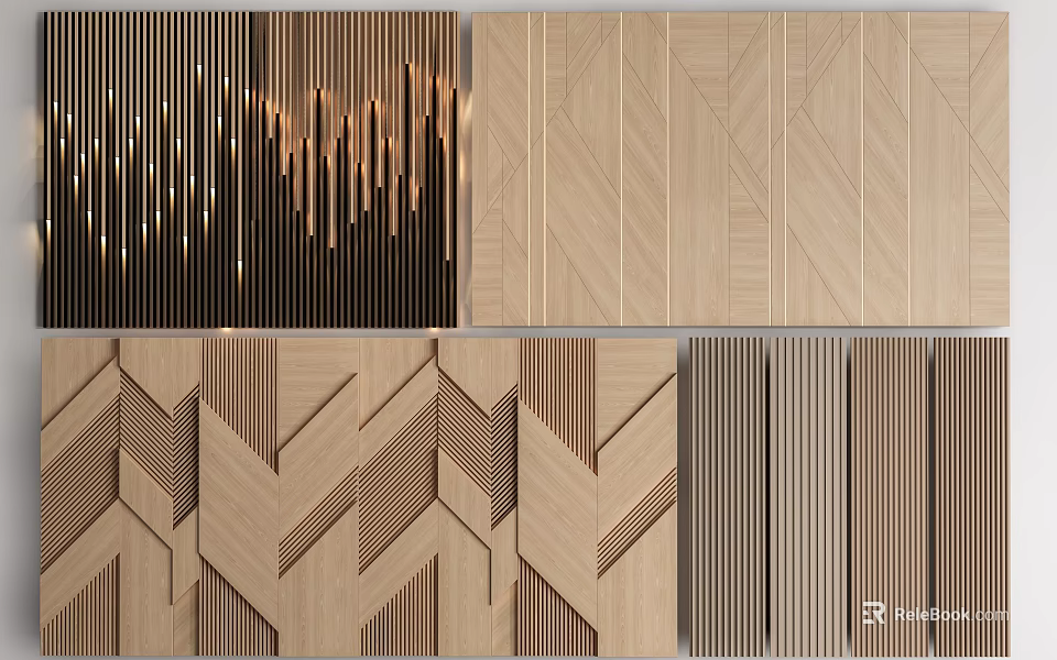 Wooden Wall Panels Featuring Various Modern Geometric Patterns And Textured Vertical Stripes 3d model