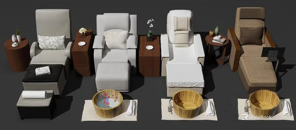 Comfortable Massage Chair With Side Table Vase Foot Basin Flower Petals Towels And Slippers 3d model 