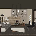 Modern Living Room Interior Design With Beige Sofa Fireplace Area Rug And Built-in Bookshelves