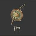 Traditional Hunting Tools Display With Woven Shield Fish Pattern Wooden Handle And Arrows